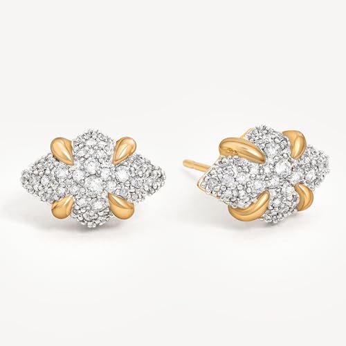 MEVECCO Pave Cubic Zirconia Stud Earrings for Women, 18K Gold Plated Brass | Pave CZ Fronts, Curved Gold Plated Edge Accents, Soft Motifs and Clean Geometric Styles - style: rhombus