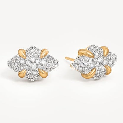 MEVECCO Pave Cubic Zirconia Stud Earrings for Women, 18K Gold Plated Brass | Pave CZ Fronts, Curved Gold Plated Edge Accents, Soft Motifs and Clean Geometric Styles - style: rhombus