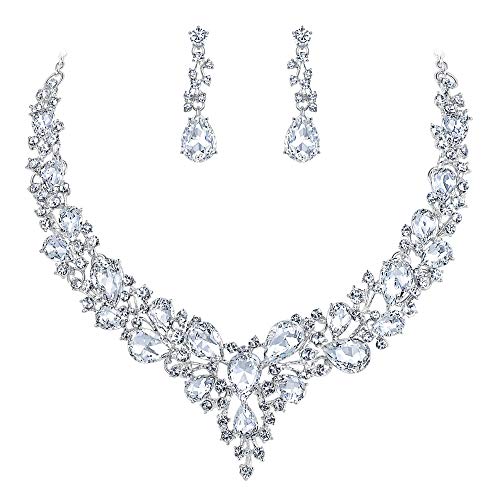 Women's Wedding Statement Necklace Dangle Earring Jewelry | Austrian Crystal Teardrop Cluster,Necklaces Earrings Set for Bride Bridesmaid,Prom Accessories - color: 01-Clear Silver-Tone