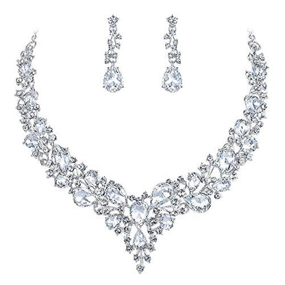 Women's Wedding Statement Necklace Dangle Earring Jewelry | Austrian Crystal Teardrop Cluster,Necklaces Earrings Set for Bride Bridesmaid,Prom Accessories - color: 01-Clear Silver-Tone
