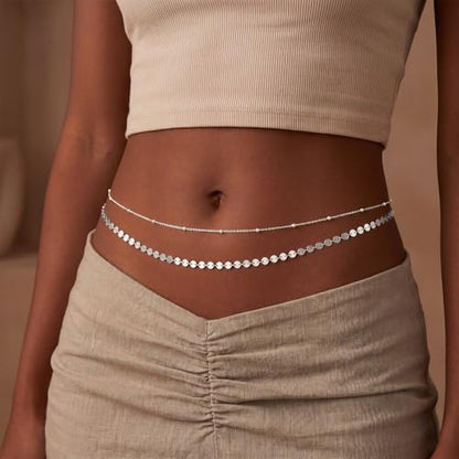 Layered Waist Chain for Women Waterproof, 14K Gold/Silver Plated Belly Chain Belt Waist Beads Chain Herringbone Snake Satellite Body Chain Beach Summer Fashion Jewelry Gift - style: Style 3-Silver