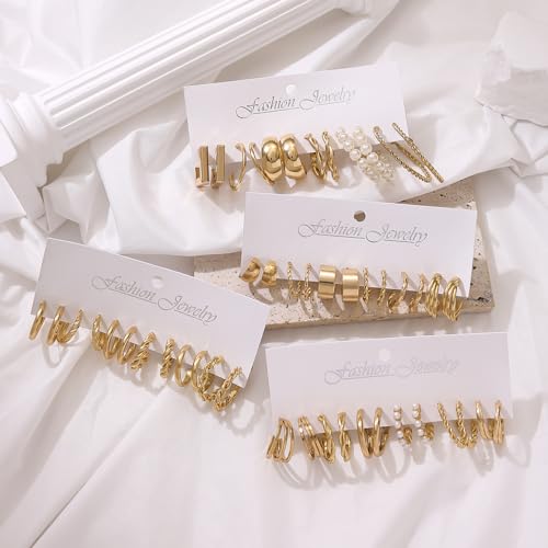 14K Gold Plated Geometric Hoop Earrings for Women Chunky Hypoallergenic Thick Lightweight Jewelry - color: Gold-24 Pairs-B
