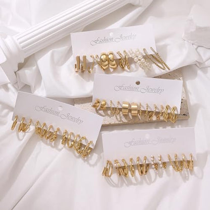 14K Gold Plated Geometric Hoop Earrings for Women Chunky Hypoallergenic Thick Lightweight Jewelry - color: Gold-24 Pairs-B