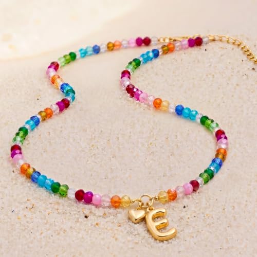 Initial Necklace for Women Colorful Beaded Necklaces Initial Heart Bubble Letter Necklace Summer Necklace Jewelry Gift - color: E