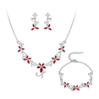 Crysdue Flower Leaf Wedding Jewelry Set for Bridal Bridemaid, Cubic Zirconia Teardrop Elegant Silver/14K/Rose Gold Plated Vine Necklace Dangle Earrings for Prom Party - style: B_Three Set Red