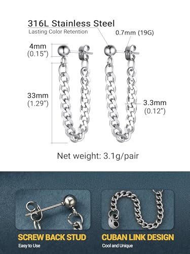 PROSTEEL Stainless Steel Huggie Hoop Earrings for Mens Gold/Black/Silver | Skull/Infinity Pattern, Spike/Cuban Links 4 Design Options Hypoallergenic Lightweight Earring Hip Hop Punk Gothic Jewelry - style: 07-Cuban Chain-Silver