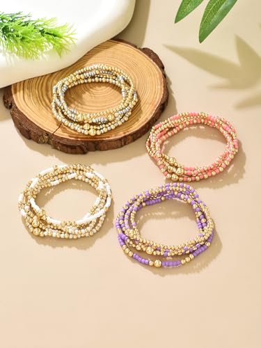 LOTSOF Bohemia Multilayer Beaded Bracelet Set, Turquoise Resin Colorful Surfer Heishi Style Elastic Spring Clasp Friendship Elastic Wristbands Summer Beach Boho Vacation Jewelry - color: Purple