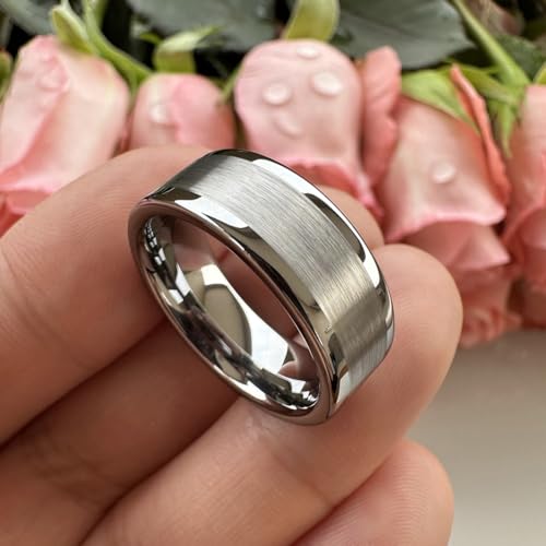 TUTISS 8mm Silver/Black/Gunmetal/Gold Tungsten Rings for Men Women Fashion Engagement Wedding Bands Matte Polished Pipe Cut Comfort Fit - color: 8mm Silver Tungsten