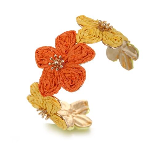 RUOFFETA Raffia Flower Cuff Bracelet for Women, Floral Chunky Bangle Wide Open Cuff Statement Bracelet - color: Orange Ombre