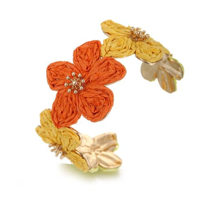 RUOFFETA Raffia Flower Cuff Bracelet for Women, Floral Chunky Bangle Wide Open Cuff Statement Bracelet - color: Orange Ombre