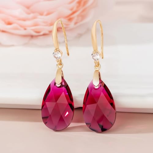 Austrian Crystal Teardrop Dangle Drop Earrings for Women 14K Gold Plated Hook Earring Hypoallergenic Jewelry Gifts for Women Girls - color: Fuchsia