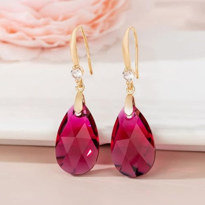 Austrian Crystal Teardrop Dangle Drop Earrings for Women 14K Gold Plated Hook Earring Hypoallergenic Jewelry Gifts for Women Girls - color: Fuchsia