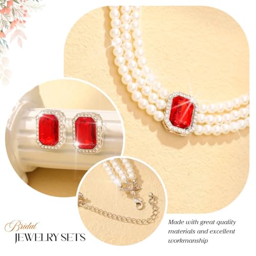 Brishow Pearl Necklace Jewelry Set Wedding Pearls Earrings Necklaces Set Bridal Crystal Bracelet Jewelry for Women (Pack of 3) - color: Red, size: 3 Layered
