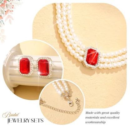 Brishow Pearl Necklace Jewelry Set Wedding Pearls Earrings Necklaces Set Bridal Crystal Bracelet Jewelry for Women (Pack of 3) - color: Red, size: 3 Layered