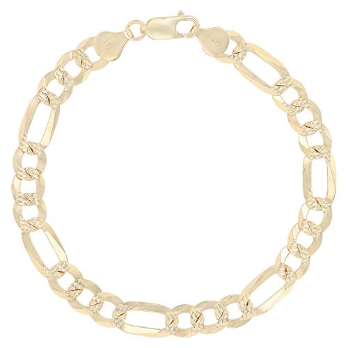 14K Gold or Rhodium Plated Silver Figaro Diamond Cut Pave Chain For Men | 1mm-13mm Thick | Solid 925 Figaro Italian Necklaces For Men - style: 7.50MM- Yellow