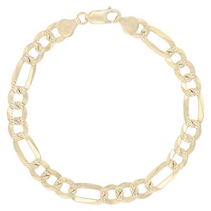 14K Gold or Rhodium Plated Silver Figaro Diamond Cut Pave Chain For Men | 1mm-13mm Thick | Solid 925 Figaro Italian Necklaces For Men - style: 7.50MM- Yellow