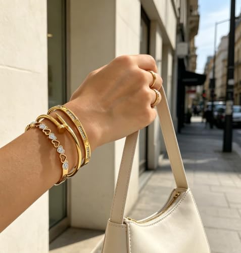 Gold Bangle Bracelets Set Stainless Steel Heart Stack Bracelet Hypoallergenic Dainty Bracelet For Women - color: 3pcs Set