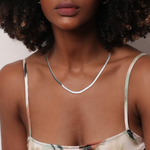 Jewlpire 3mm 4mm 5mm Herringbone Necklace 18K Gold Plated 925 Sterling Silver Chain Necklace for Women, Flat Snake Chain Necklace, Women's Chains Necklaces 16 18 20 22 24 Inch - color: 3mm 925 Sterling Silver, size: 18 Inch (Women's Average Length)