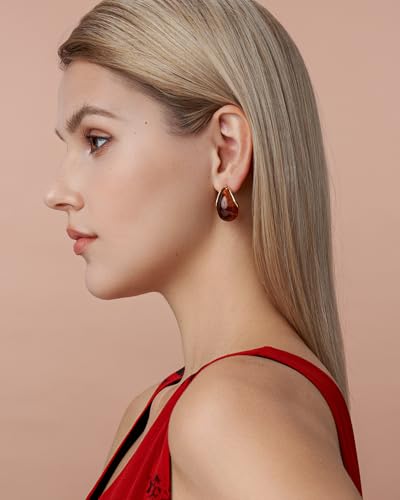 SNGIA Oval C Shape Chunky Dangle 18K Gold Plated Hoops with Colored Resin Gemstone Statement Earrings for Women by SNGIA, (Green, Brown, Blue, Pink, White, Cream), Long Bold Drop Handmade Exaggerated Irregular Trendy Bohemian Jewelry Gifts, Unique Danglin