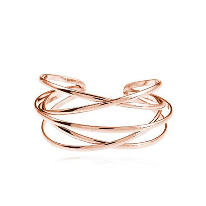Boho Chunky Cuff Bracelet for Women,Gold/Silver/Rose gold Multi-layer Cross Wire Bangle Bracelets Open Adjustable Wide Cuff Bracelet Fashion Statement Jewelry - color: Rose gold