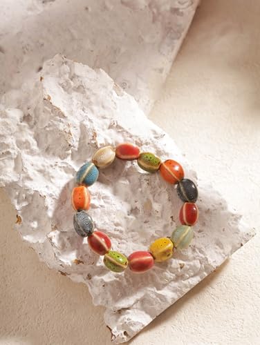 Boho Hippie Colorful Ceramic Beads Strand Stretch Bracelet, Bohemian Summer Beach Jewelry Gift for Women - color: S06
