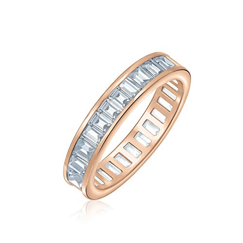 Bling Jewelry AAA Cubic Zirconia Channel Set Rectangle Emerald Cut Baguette CZ Eternity Ring Anniversary Wedding Band 14K Yellow Gold Plated .925 Sterling Silver 4MM Stackable Rings - color: Rose