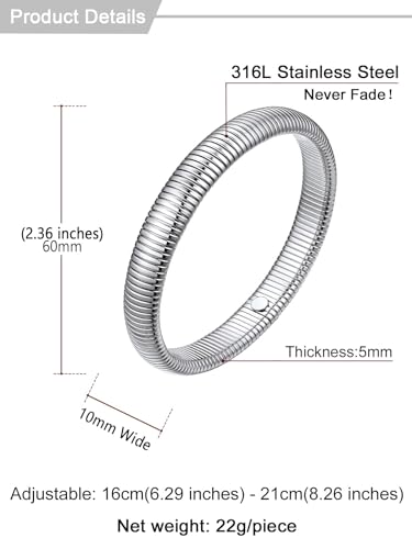 U7 Stretch Bracelets for Women Stainless Steel 18K Gold Plated Bangle Bracelets,Non Tarnish Link Bracelets,10mm,16mm,20mm - color: 02.Stainless Steel-10mm