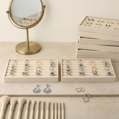 8 Pcs Velvet Jewelry Trays 7 Slot Ring Tray for Drawer Mini Earring Display | Stackable Ring Board Case,Small Stud Earring Holder,Inserts Bracelet Necklace Storage Trays for Women, 8.3x4.8x1"(Beige)