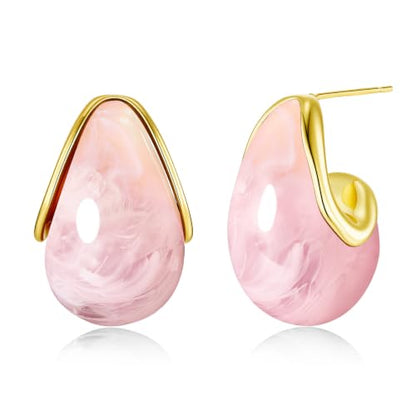 SNGIA Oval C Shape Chunky Dangle 18K Gold Plated Hoops with Colored Resin Gemstone Statement Earrings for Women by SNGIA, (Green, Brown, Blue, Pink, White, Cream), Long Bold Drop Handmade Exaggerated Irregular Trendy Bohemian Jewelry Gifts, Unique Danglin