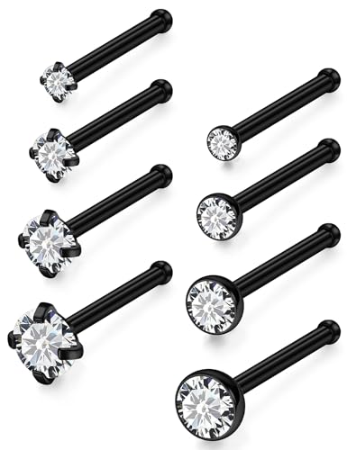 18G 20G 22G Titanium Stainless Surgical Steel Nose Rings Studs for Women L Shaped Nose Studs Screw Nose Ring Piercing Jewelry for Women Men Diamond CZ 1.5mm 2mm 2.5mm 3mm Silver Black Gold - style: 22g/Clear CZ/Straight/Black
