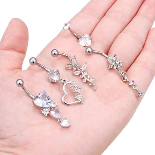 Vsnnsns 14G Dangle Belly Button Ring Piercing Jewelry 316L Stainless Surgical Steel Navel Rings Cubic Zirconia Heart Flower CZ Dangling Belly Button Ring Piercing Jewelry for Women 14 Gauge - color: Silver-Clear CZ