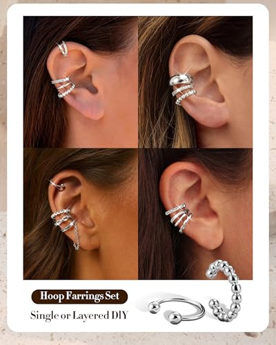 9PCS Ear Cuff Earrings for Women Non Piercing 14K Gold Plated - Hypoallergenic Adjustable Ear Cuffs Trendy Non Tarnish Clip on Cartilage Fake Earring Stacks Wrap Jewelry - color: Silver Plated