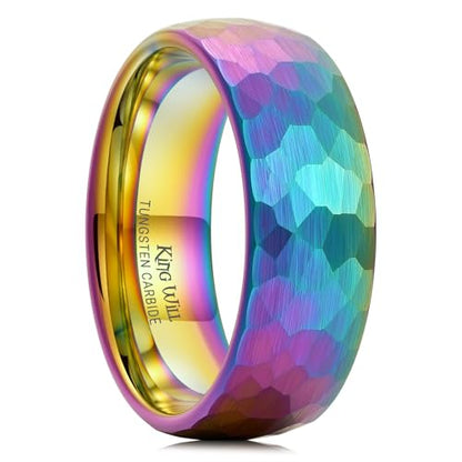 King Will Men's Tungsten Carbide Wedding Ring Hammered Groove Wedding Band Mens Two Tone Engagement Ring for Men and Women Matte Brushed Finish Comfort Fit - color: Rainbow