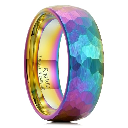 King Will Men's Tungsten Carbide Wedding Ring Hammered Groove Wedding Band Mens Two Tone Engagement Ring for Men and Women Matte Brushed Finish Comfort Fit - color: Rainbow