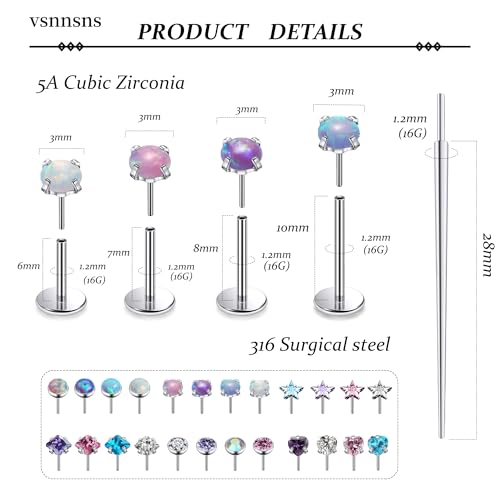 Vsnnsns 14K Gold Plated 16G 18G 20G Threadless Nose Rings Studs Flat Back Earrings Stainless Steel Tragus Helix Conch Earrings Stud Snake Bite Lip Rings Labret Medusa Piercing Jewelry for Women Men - color: Silver-16G-6MM 7MM 8MM 10MM Bar Lenght