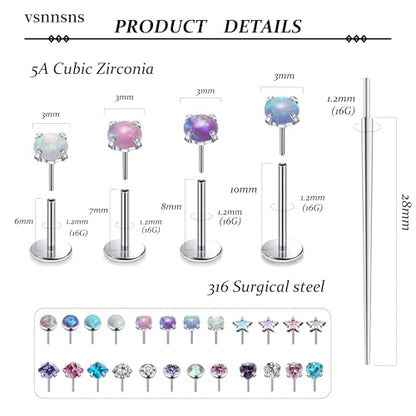 Vsnnsns 14K Gold Plated 16G 18G 20G Threadless Nose Rings Studs Flat Back Earrings Stainless Steel Tragus Helix Conch Earrings Stud Snake Bite Lip Rings Labret Medusa Piercing Jewelry for Women Men - color: Silver-16G-6MM 7MM 8MM 10MM Bar Lenght