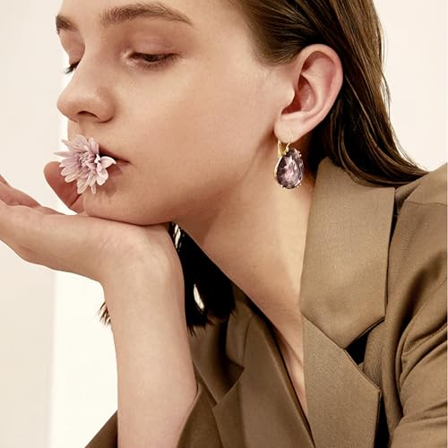 14K Gold Teardrop Crystal Leverback Earrings Sparkly Rhinestone Water Droplet Dangle Drop Earrings For Women - color: Wine Red