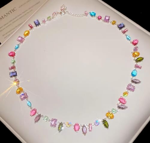 Silver Plated Rainbow Crystal Necklace, Sparkly Cubic Zirconia Rhinestone Multicolor Chain Choker Bracelet Earring Jewelry Set - style: Necklace
