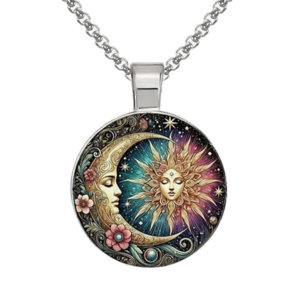 Intricate Highly Detailed Small Rainbow Celestial Sun Moon Boho Printed Pendant, Stainless Steel Chain Necklace, Length Choices - size: 24 inches long