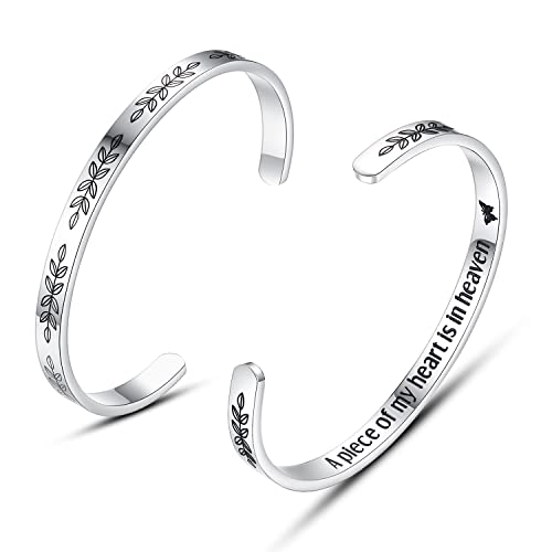 TONY & SANDY Inspirational Bracelets for Women Teen Girls Personalized Gifts for Daughter Granddaughter Mom Sister Friends Stainless Steel Engraved Cuff Birthday Easter Christmas - style: A - Memorial gifts - A piece of my heart is in heaven