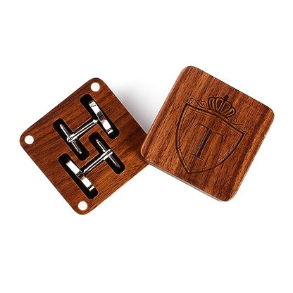 Mens Initial Silver Cufflinks A-Z Alphabet Letter Steel Cuff Links with Engraved Walnut Wood Box Groom Groomsman Wedding Set… - style: T