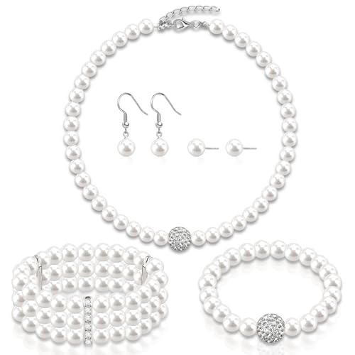Pearl Jewelry Set for Women Faux Pearl Costume Jewelry Set with Necklace, Bracelets, Ring, Earrings for Wedding Bridal Birthday Tea Party - color: 5Pcs White