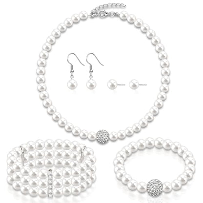 Pearl Jewelry Set for Women Faux Pearl Costume Jewelry Set with Necklace, Bracelets, Ring, Earrings for Wedding Bridal Birthday Tea Party - color: 5Pcs White