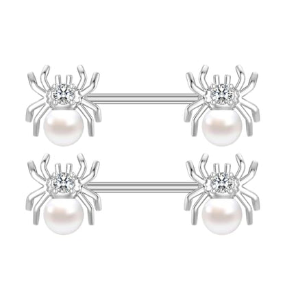 14G White Spider Nipple Rings for Women Surgical Stainless Steel Pearl CZ Spiders Nipplerings Nipple Shield Studs Barbells Halloween Body Piercing Jewelry