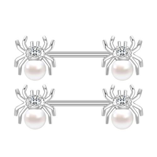 14G White Spider Nipple Rings for Women Surgical Stainless Steel Pearl CZ Spiders Nipplerings Nipple Shield Studs Barbells Halloween Body Piercing Jewelry