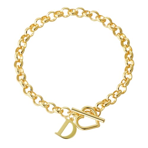 14K Gold Plated Stainless Steel A-Z Alphabet Letter Heart Bracelet | Non-Tarnish Dainty Charm with a Romantic Toggle Clasp Daily Fashion Jewelry, 7-inch Rolo Chain, Personalized Gift for Her - color: D