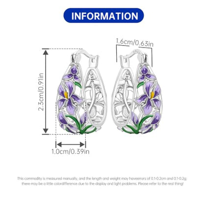 Floral Hoop Earrings 925 Sterling Silver with 14K Gold Plating – Lightweight CZ Flower Hoops | Hypoallergenic Jewelry for Women | Gift Box + Polishing Cloth - color: 22mm Iris earrings purple