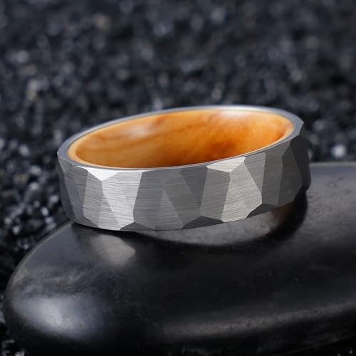 2/4/6/8mm Black/silver/gold Tungsten Rings for Men Womens Couple Fashion Jewelry Promise Engagement Wedding Band Hammered Inner ring inlaid with olive wood Carbide Polished Edge Comfort Fit - color: 6MM olive wood silver