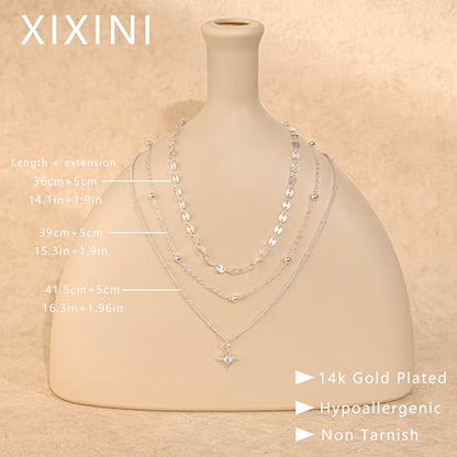 XIXINI Layered Necklaces for Women, Dainty Gold Necklace Stack 14k Gold Plated Layering Pendant Necklace Set Simple Statement Gold Necklaces for Women Trendy Fashion Waterproof Gold Jewelry - color: Silver-Set 5