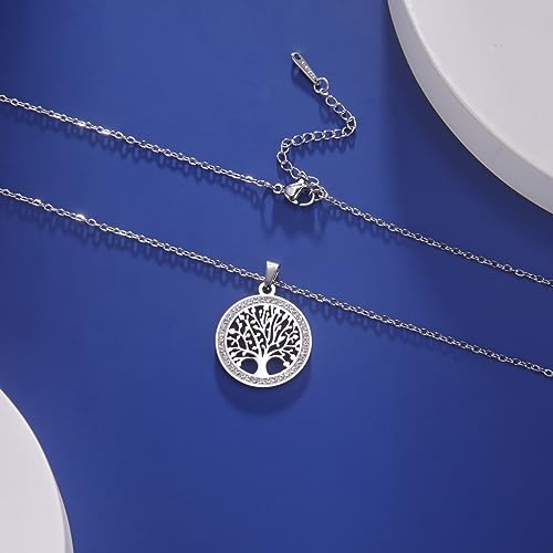Dreamtimes Tree of Life Necklace for Women Stainless Steel Gold Color Clear Zircon Round Pendant Neck Chains Family Tree Fashion Charm Luxury Jewelry Wedding Gift - color: SILVER